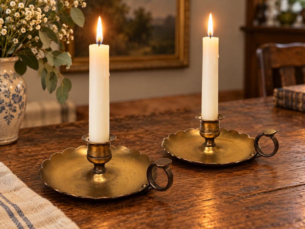 Vintage Brass Chamberstick Candle Holders Scalloped Drip Trays Finger Handles